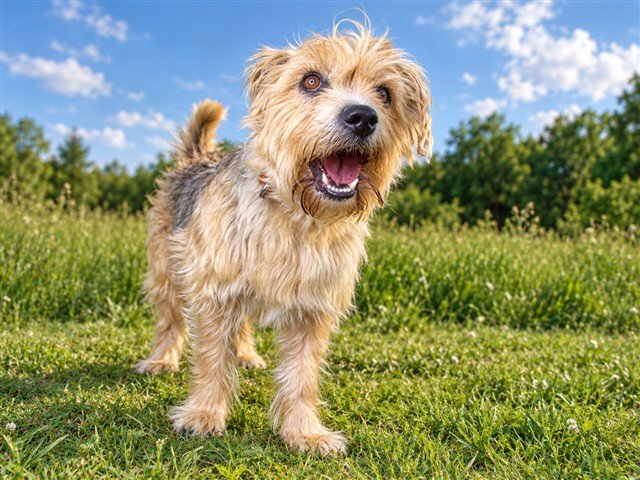Shaggy tan dog standing on grass beneath a blue sky